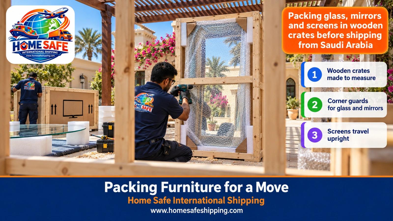 Packing glass, mirrors and screens in wooden crates before shipping from Saudi Arabia