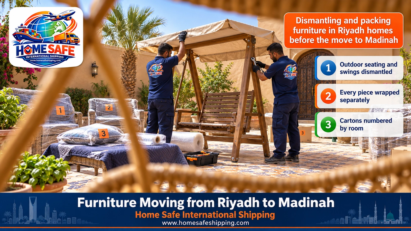 Dismantling and packing furniture in Riyadh homes before the move to Madinah