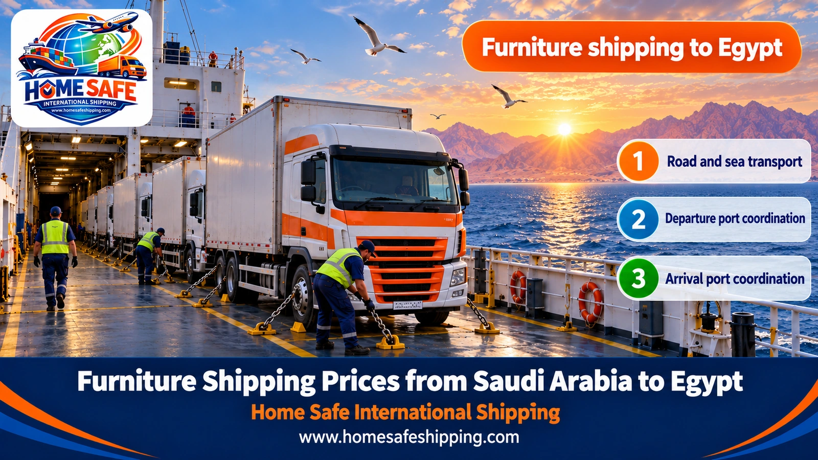 Furniture shipping from Saudi Arabia to Egypt by truck on the ferry