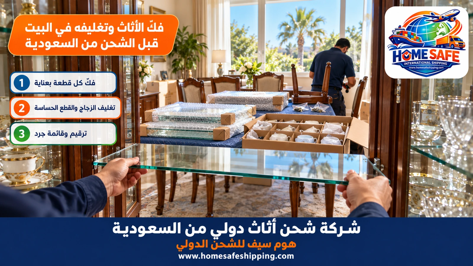 فكّ الأثاث وتغليفه في البيت قبل الشحن من السعودية