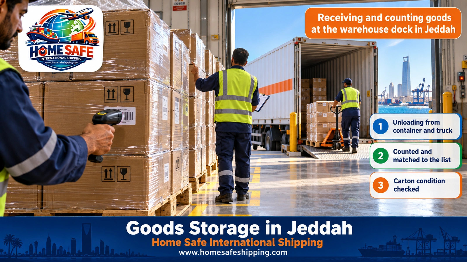 Receiving and counting goods at the warehouse dock in Jeddah