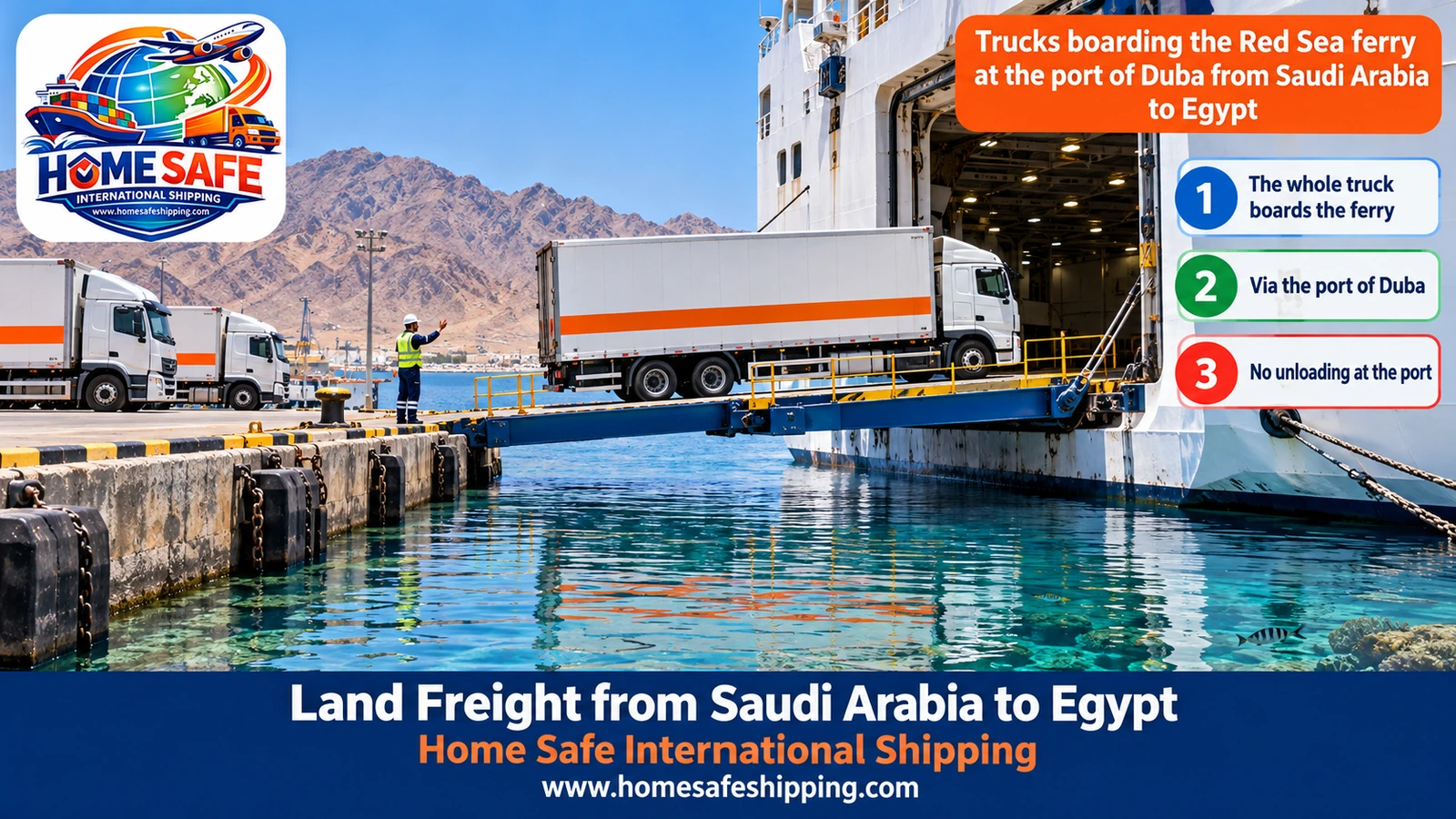 Trucks boarding the Red Sea ferry at the port of Duba from Saudi Arabia to Egypt