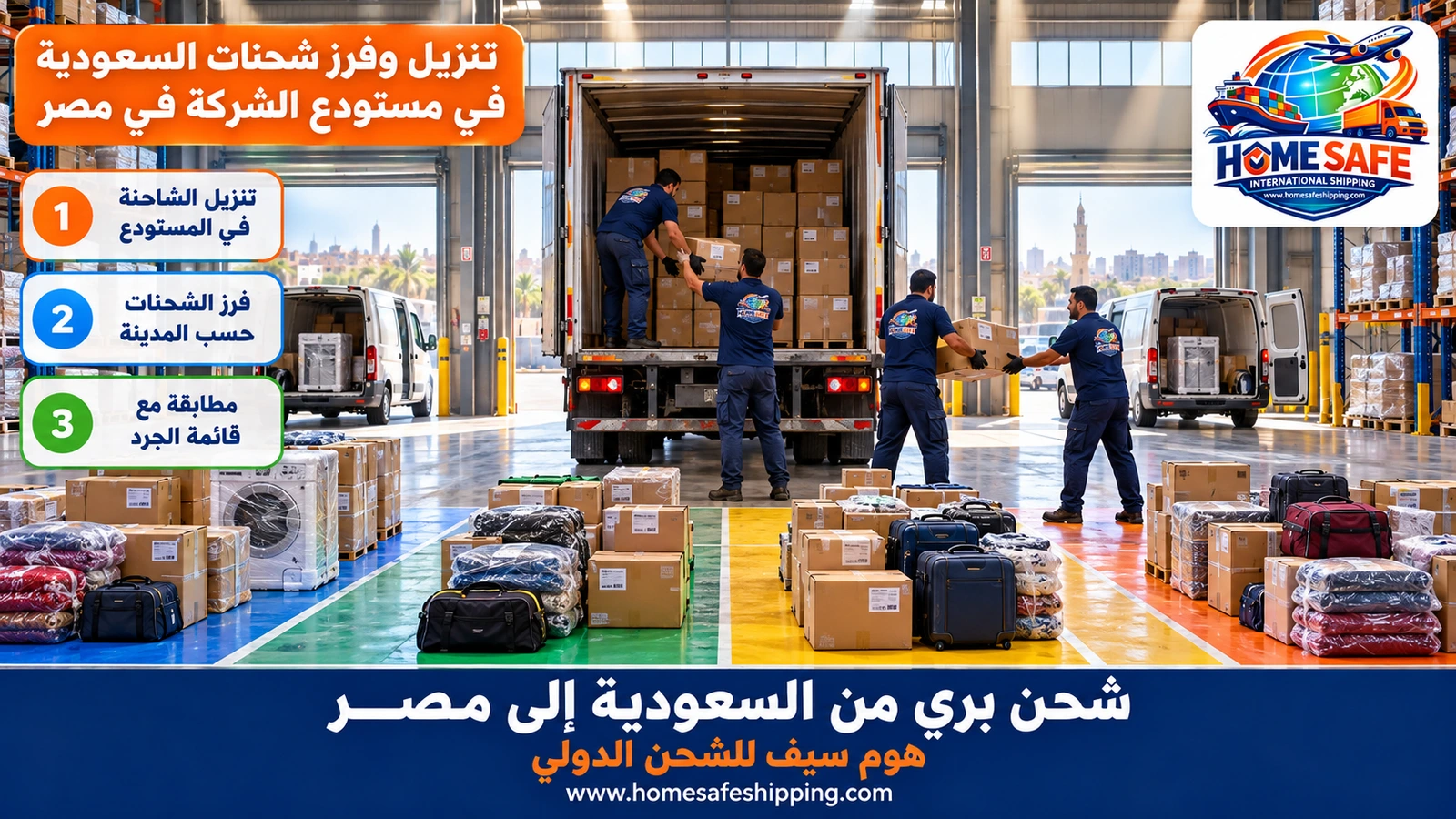 تنزيل وفرز شحنات السعودية في مستودع الشركة في مصر