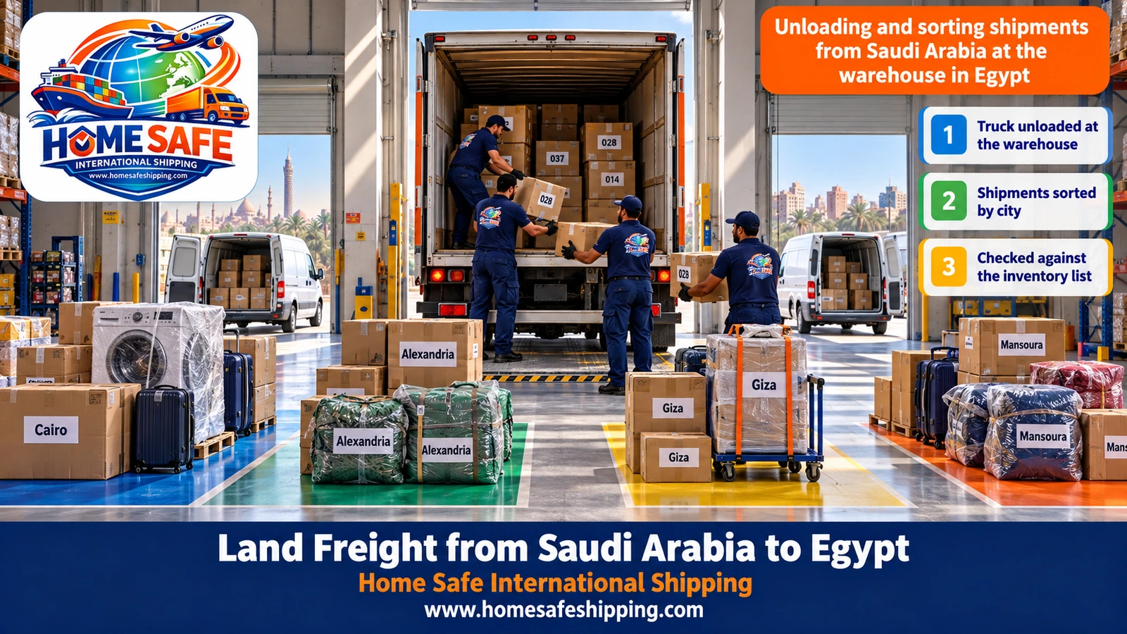 Unloading and sorting shipments from Saudi Arabia at the warehouse in Egypt