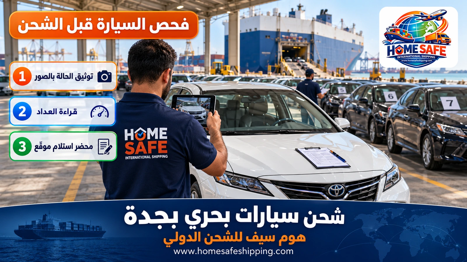 فحص السيارة قبل شحنها بحراً من جدة