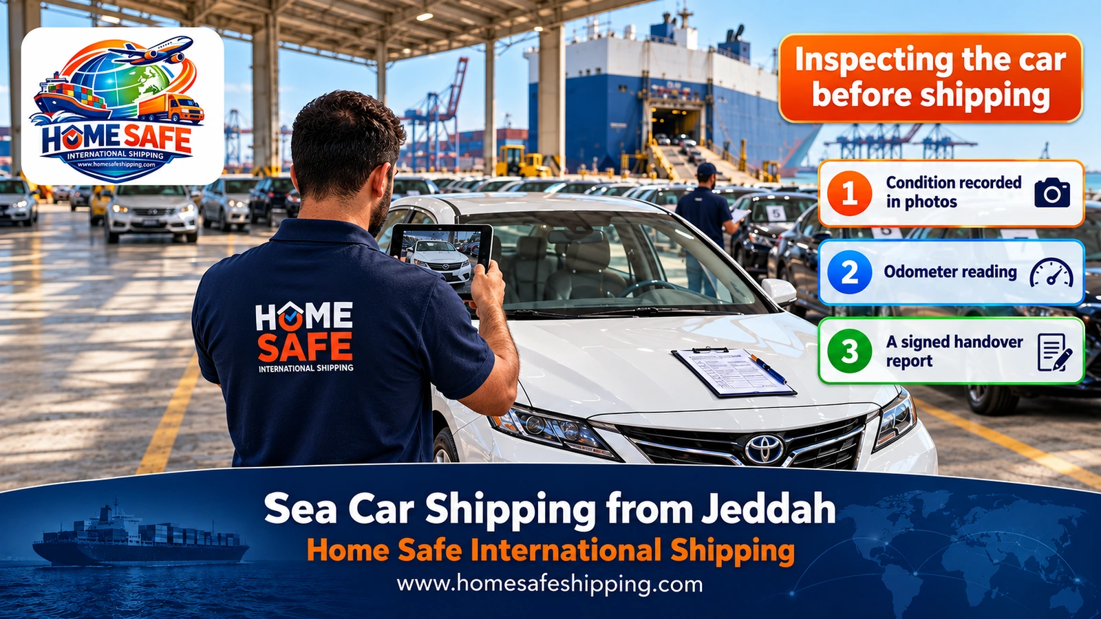 Inspecting a car before shipping it by sea from Jeddah