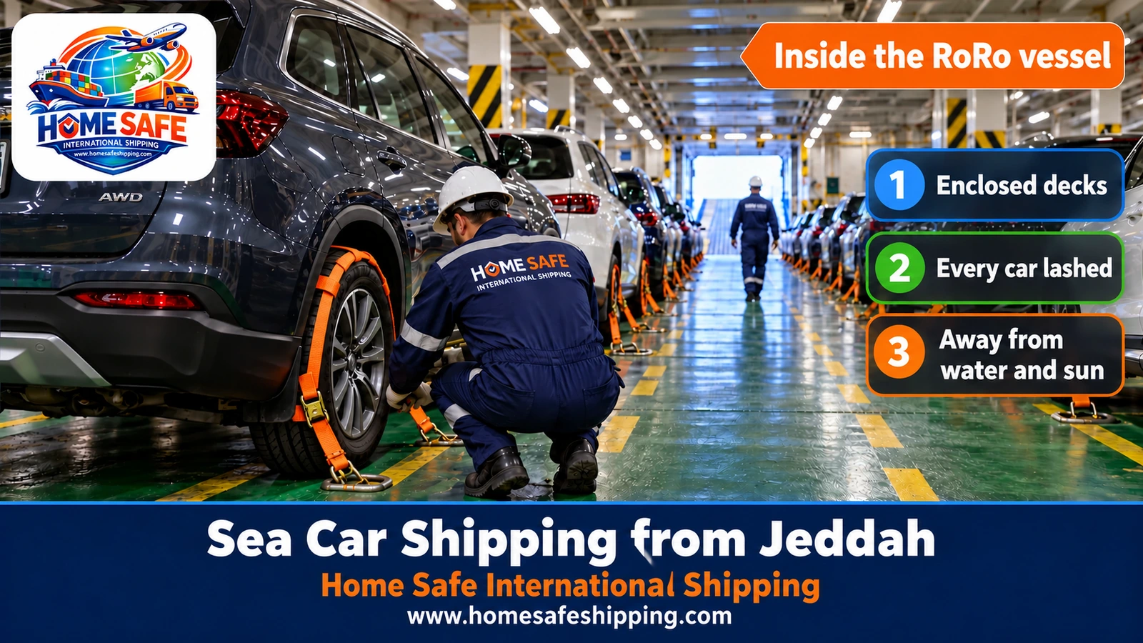 Cars inside a RoRo vessel sailing from Jeddah