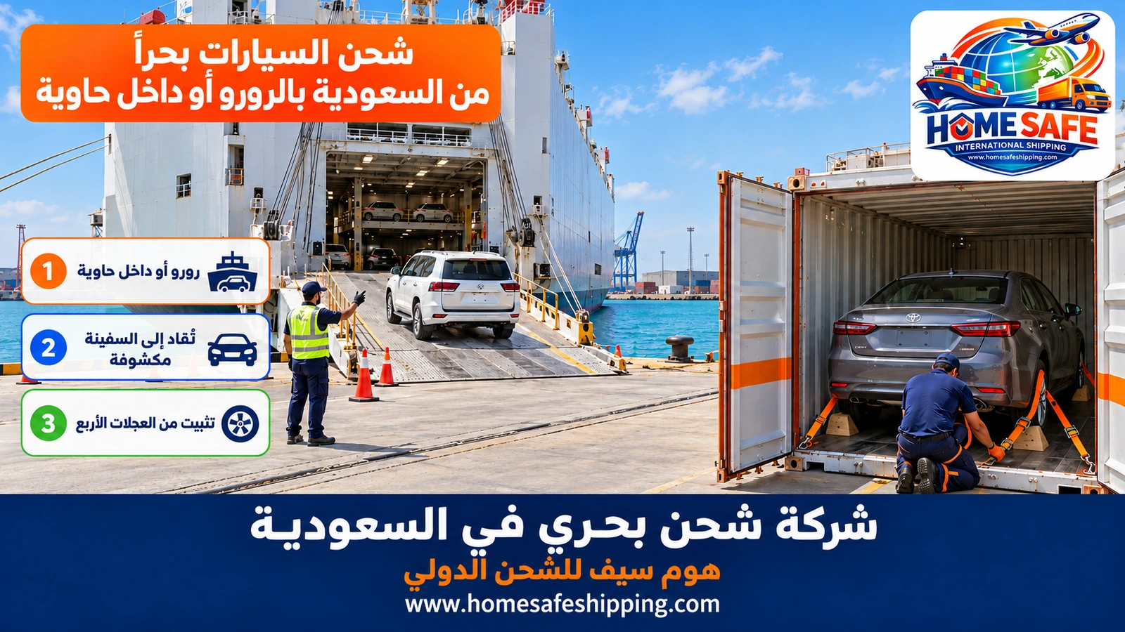 شحن السيارات بحراً من السعودية بالرورو أو داخل حاوية