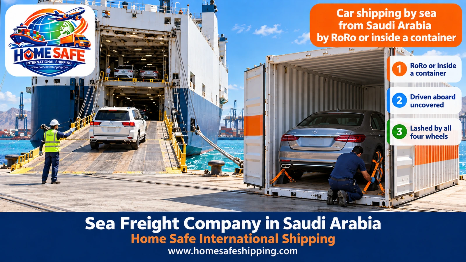 Car shipping by sea from Saudi Arabia by RoRo or inside a container