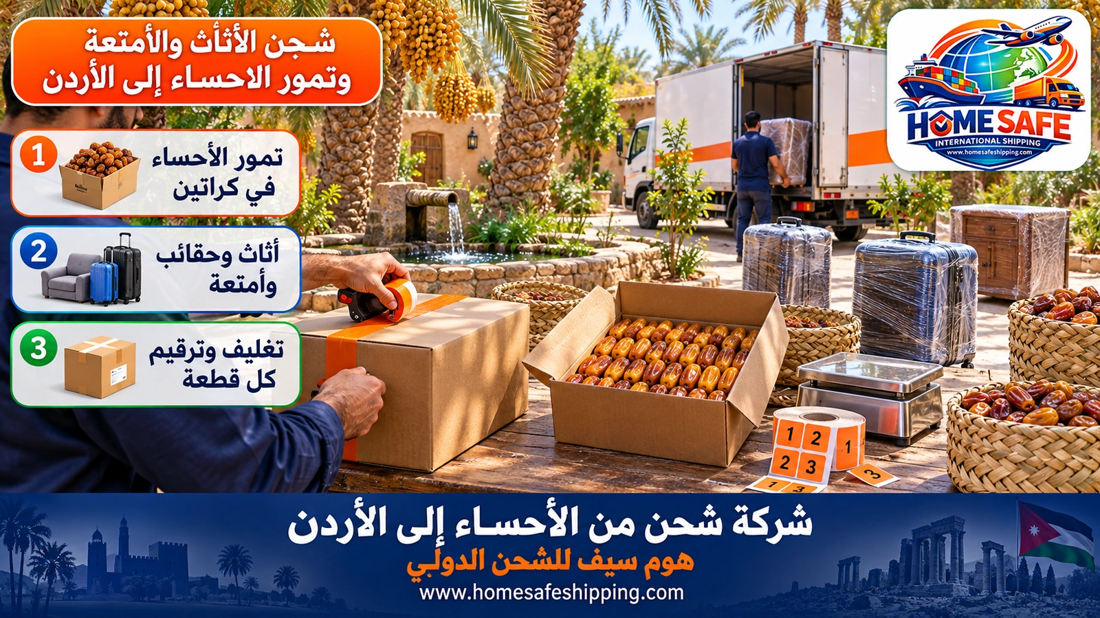 شحن الأثاث والأمتعة وتمور الأحساء إلى الأردن