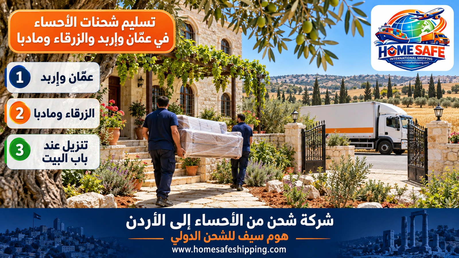 تسليم شحنات الأحساء في عمّان وإربد والزرقاء ومادبا