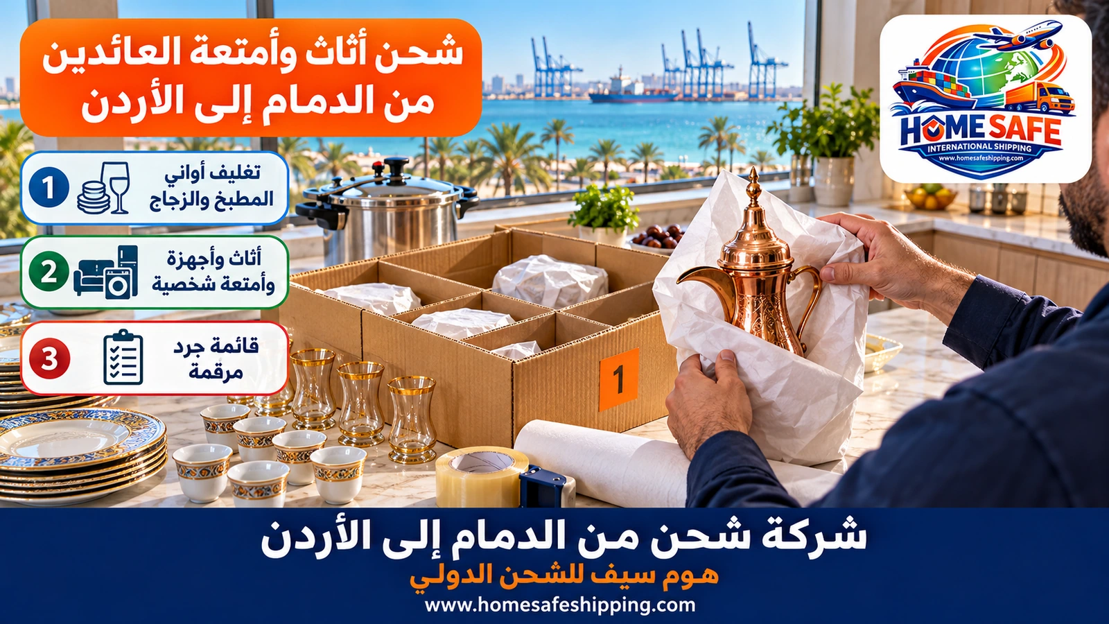 شحن أثاث وأمتعة العائدين من الدمام إلى الأردن