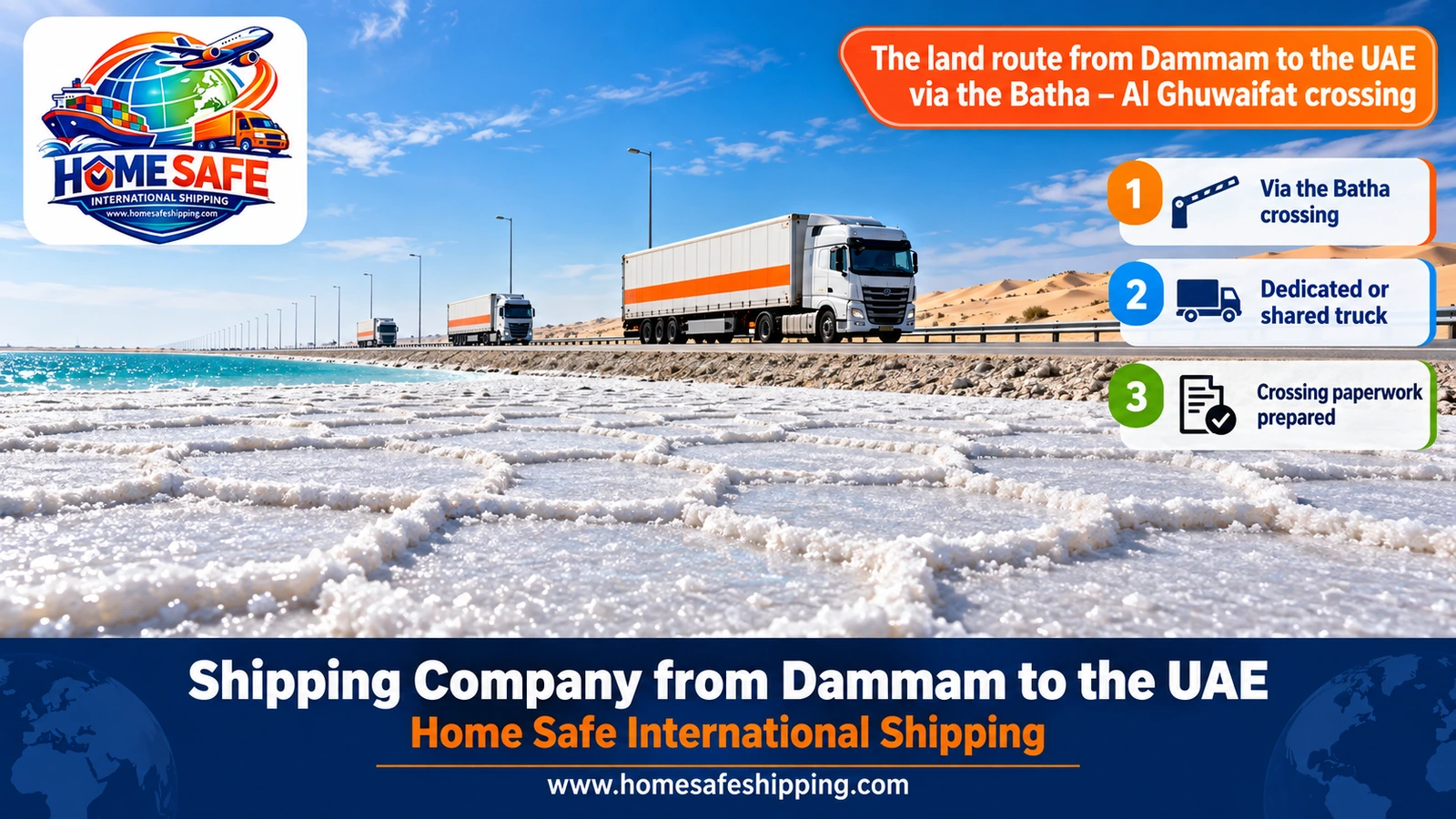 The land route from Dammam to the UAE via the Batha – Al Ghuwaifat crossing