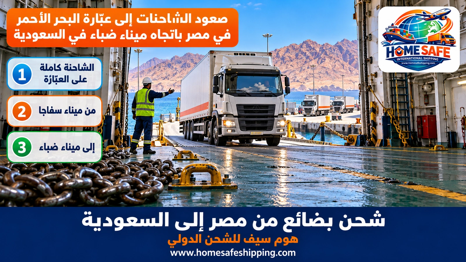 صعود الشاحنات إلى عبّارة البحر الأحمر في مصر باتجاه ميناء ضباء في السعودية