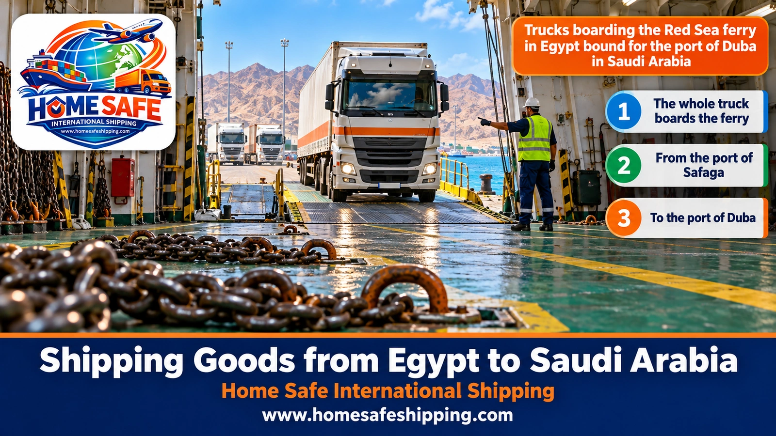 Trucks boarding the Red Sea ferry in Egypt bound for the port of Duba in Saudi Arabia