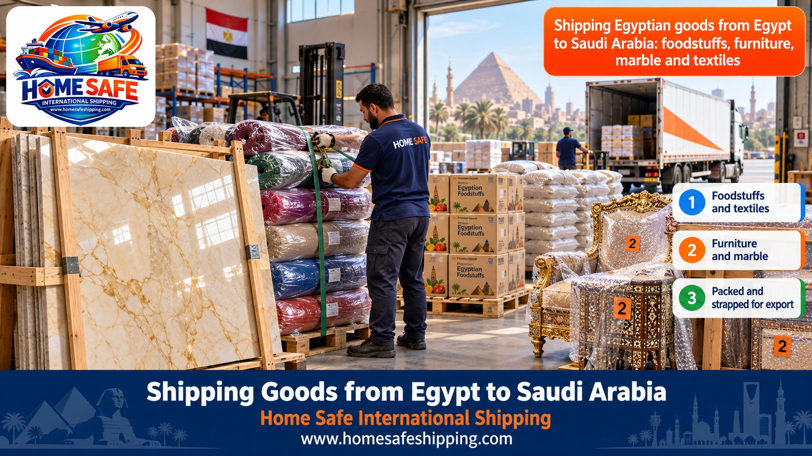 Shipping Egyptian goods from Egypt to Saudi Arabia: foodstuffs, furniture, marble and textiles