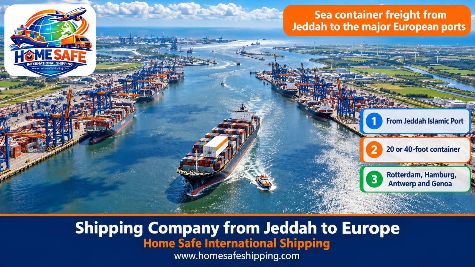 Sea container freight from Jeddah to the major European ports