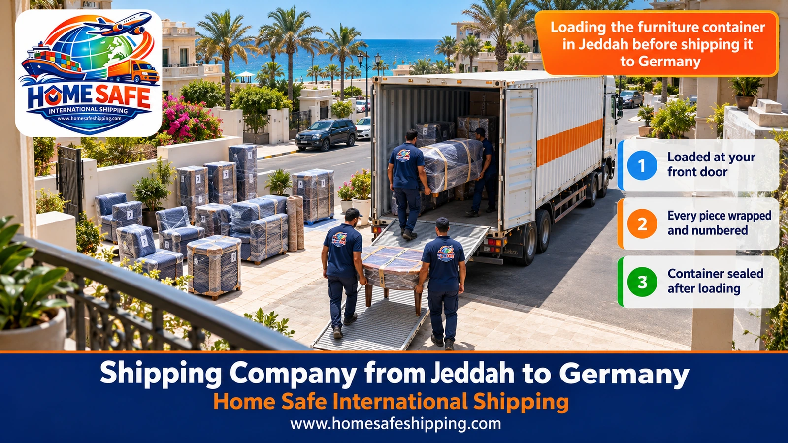 Loading the furniture container in Jeddah before shipping it to Germany