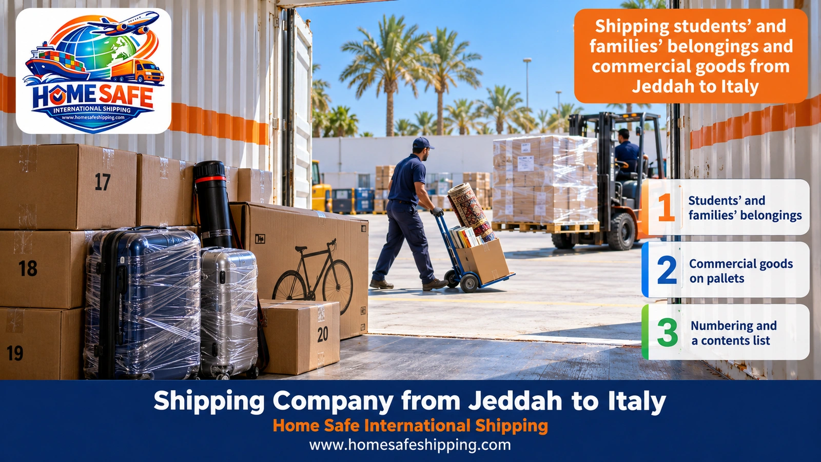 Shipping students’ and families’ belongings and commercial goods from Jeddah to Italy