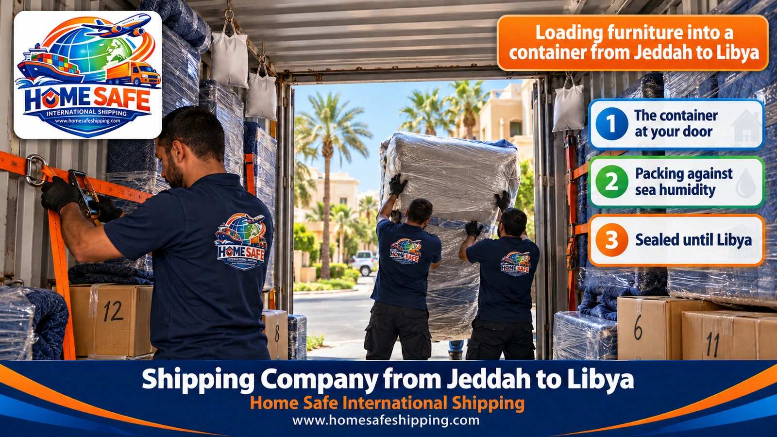 Loading furniture into a container from Jeddah to Libya