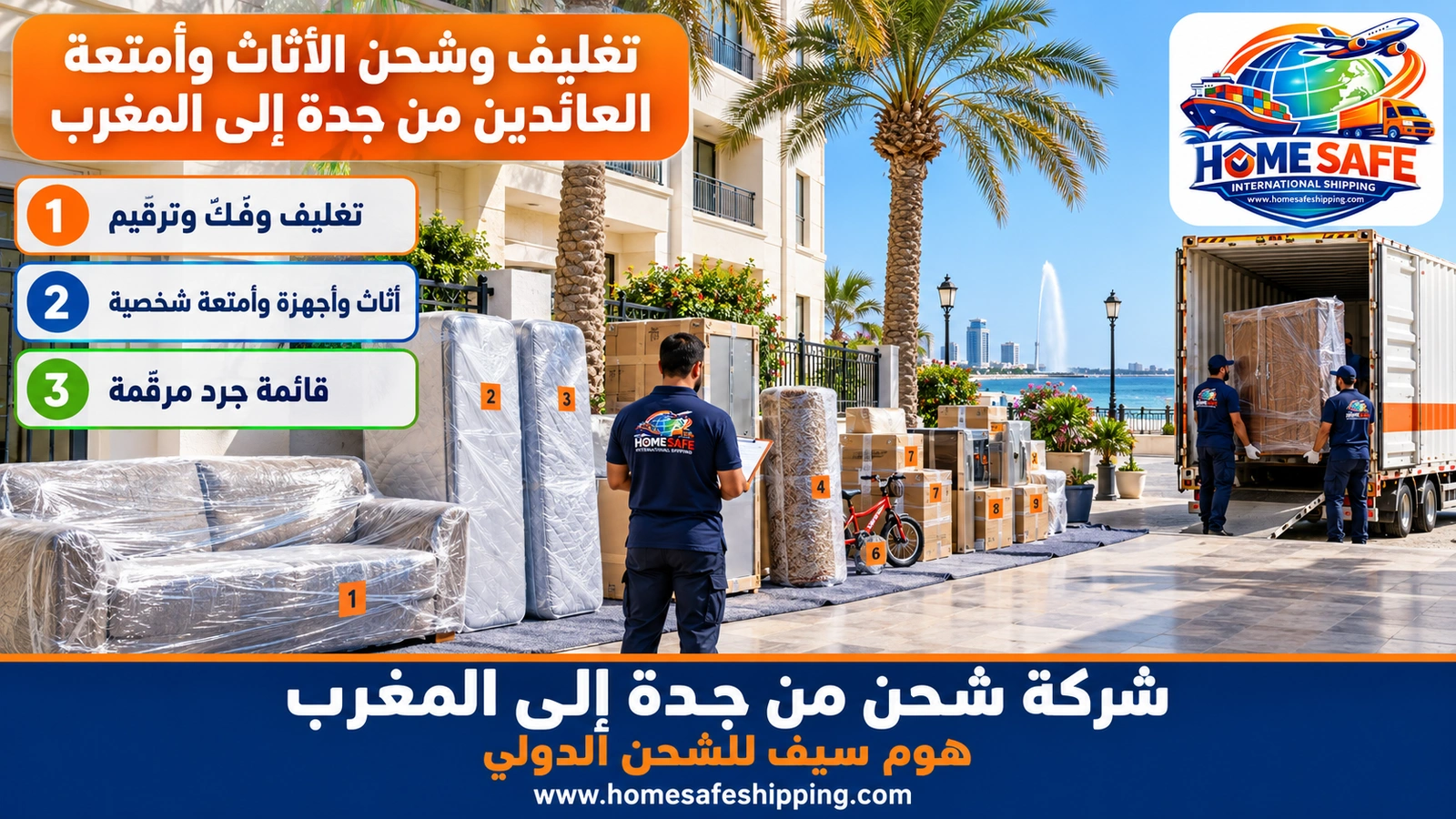 تغليف وشحن الأثاث وأمتعة العائدين من جدة إلى المغرب