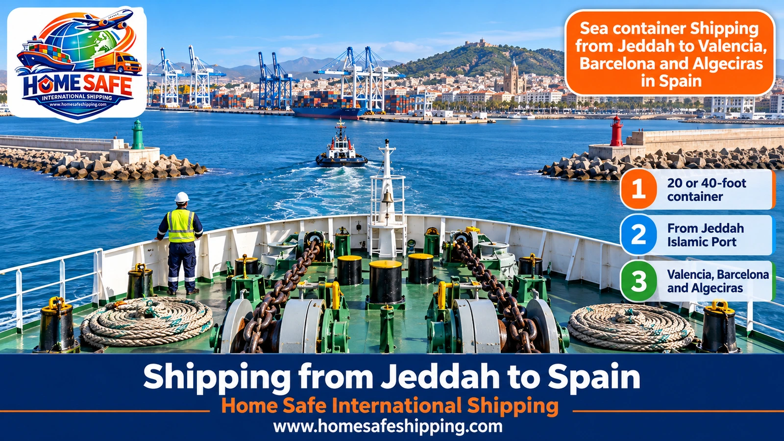 Sea container shipping from Jeddah to Valencia, Barcelona and Algeciras in Spain