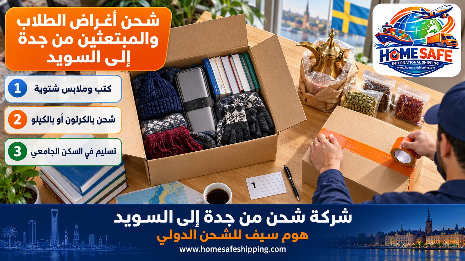 شحن أغراض الطلاب والمبتعثين من جدة إلى السويد