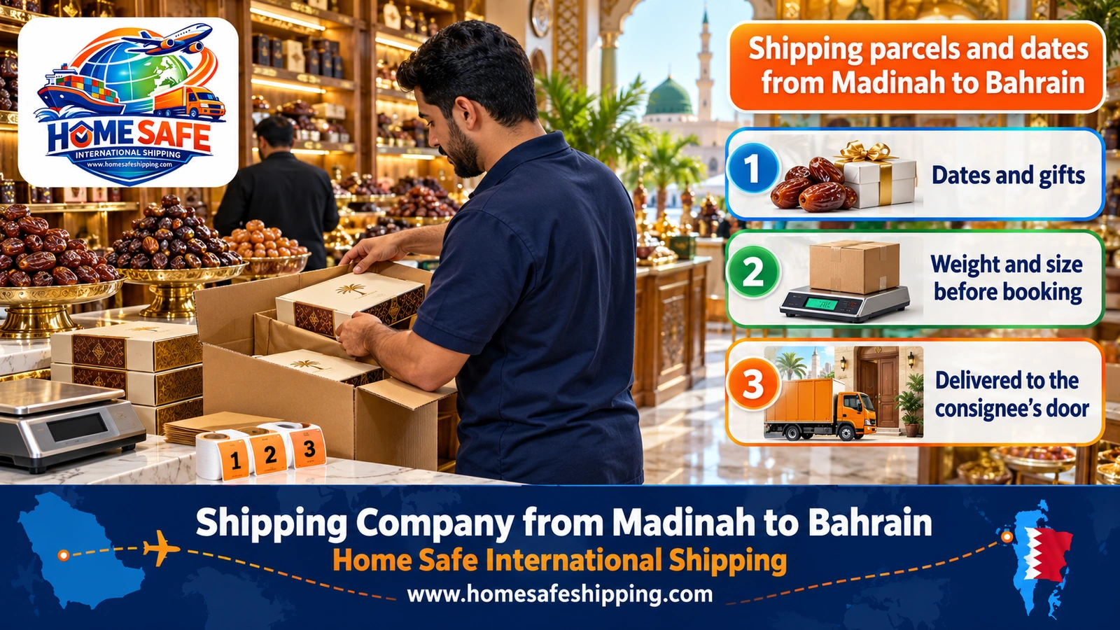 Shipping parcels and dates from Madinah to Bahrain
