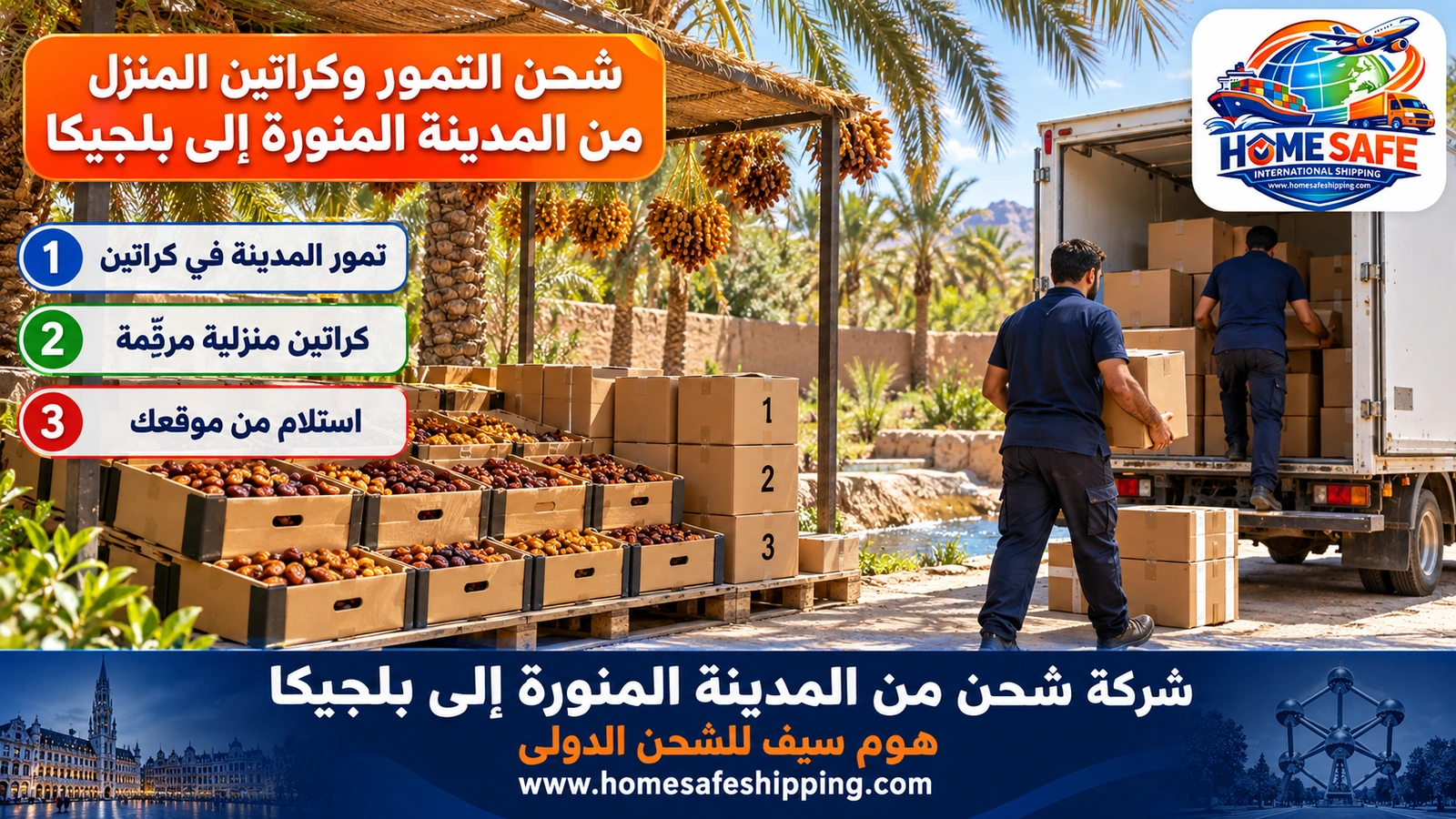 شحن التمور وكراتين المنزل من المدينة المنورة إلى بلجيكا