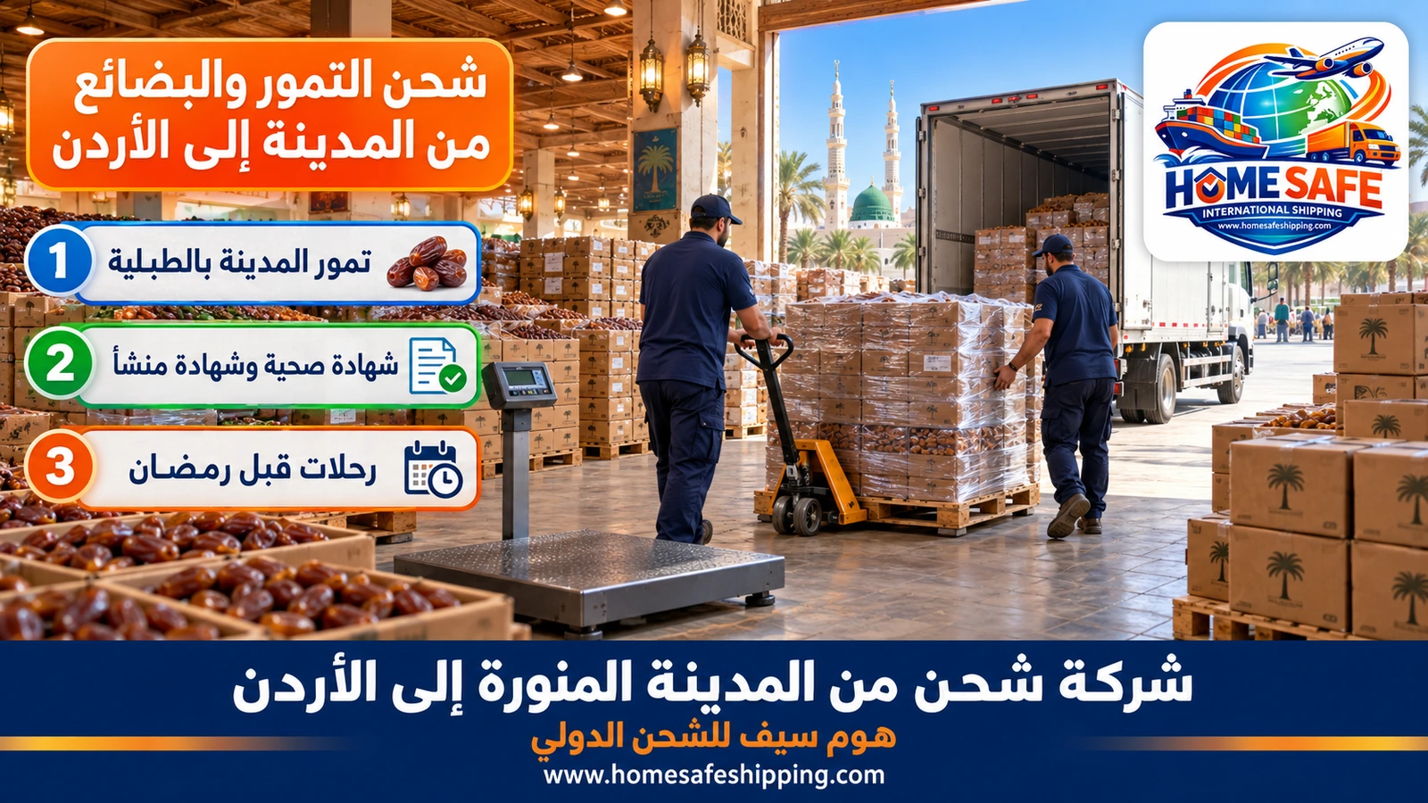شحن التمور والبضائع من المدينة إلى الأردن