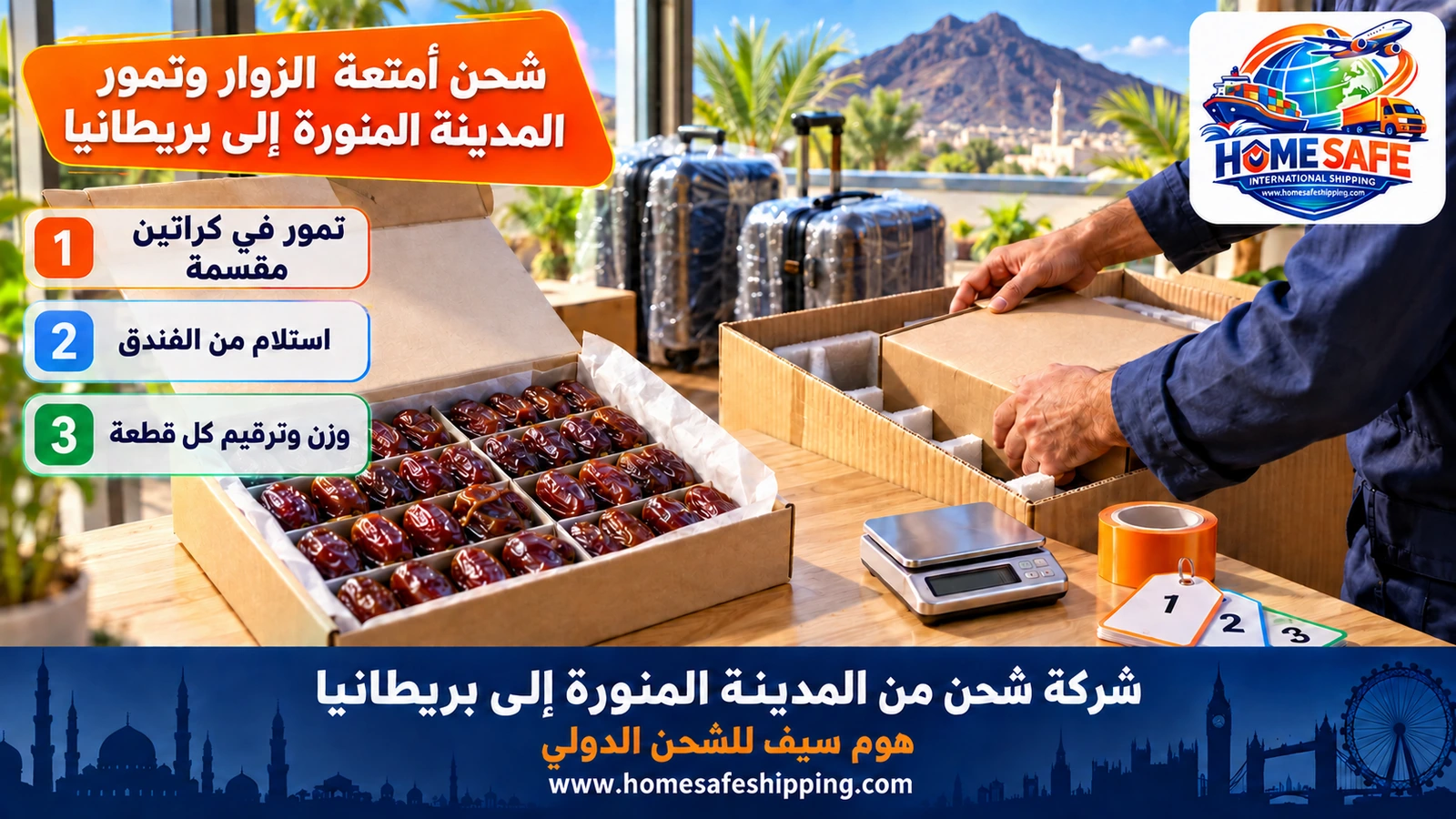 شحن أمتعة الزوار وتمور المدينة المنورة إلى بريطانيا