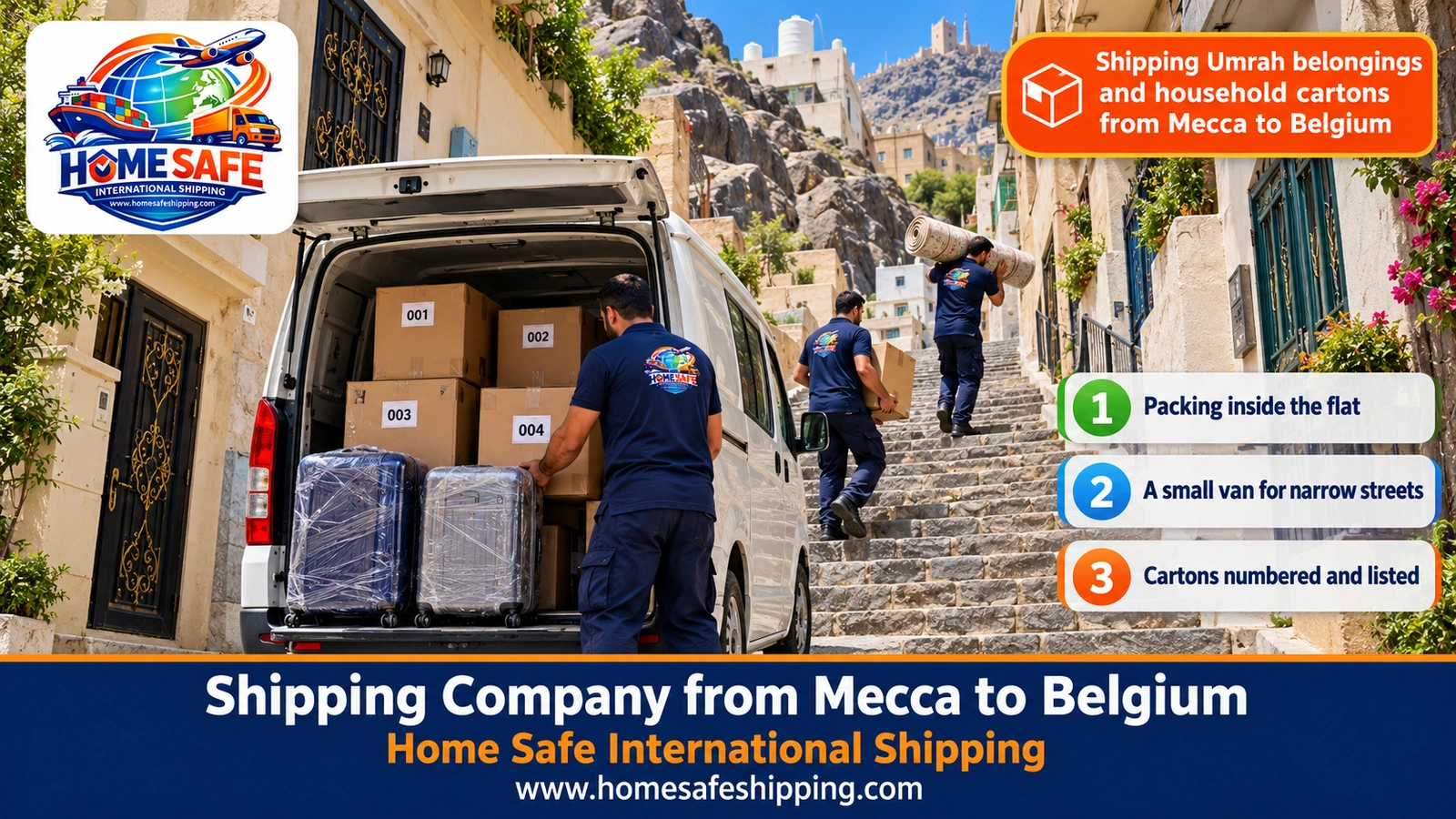 Shipping Umrah belongings and household cartons from Mecca to Belgium
