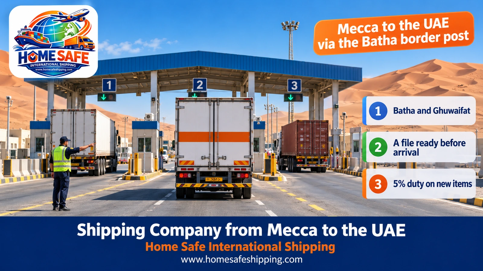 Trucks shipping from Mecca to the UAE at the Batha border post