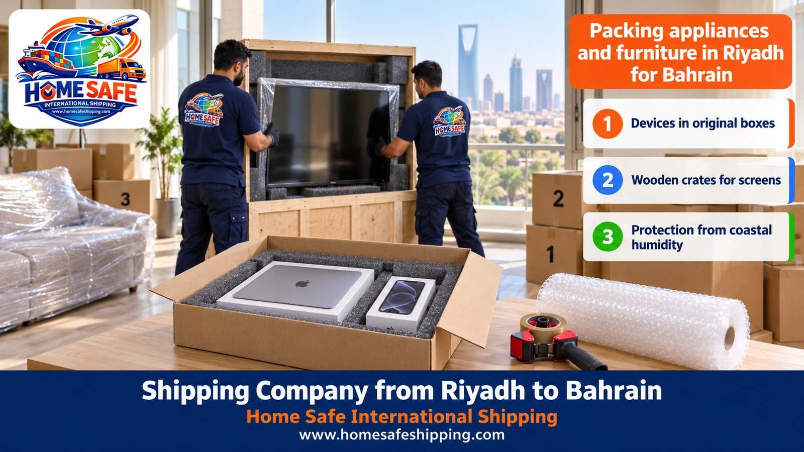 Packing appliances and furniture in Riyadh before shipping them to Bahrain