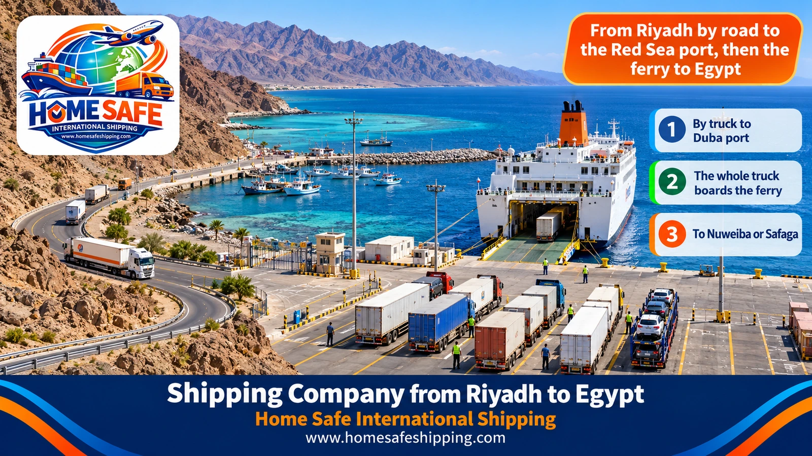 From Riyadh by road to the Red Sea port, then the ferry to Egypt