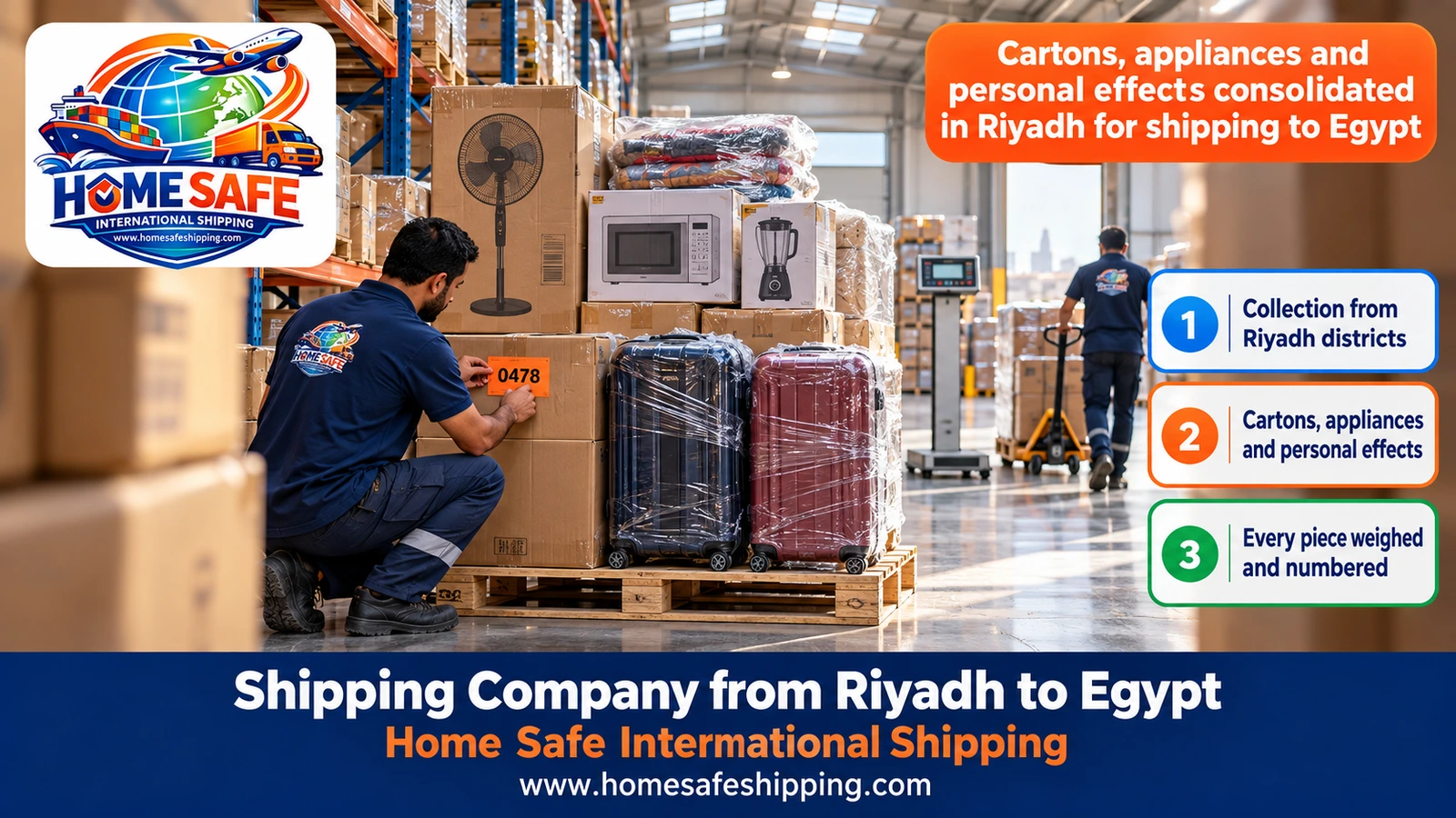 Cartons, appliances and personal effects consolidated in Riyadh for shipping to Egypt