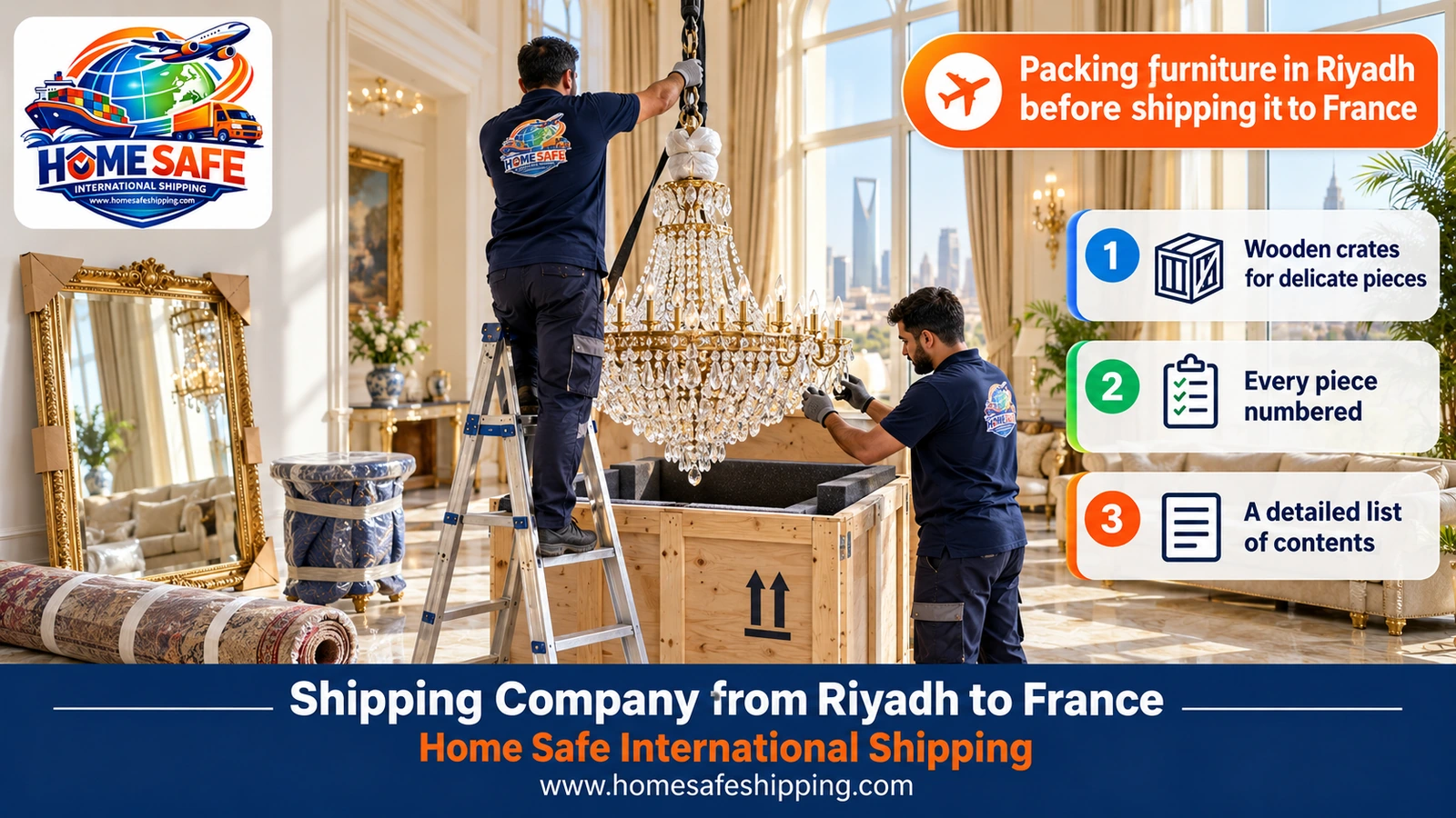 Packing furniture in Riyadh before shipping it to France