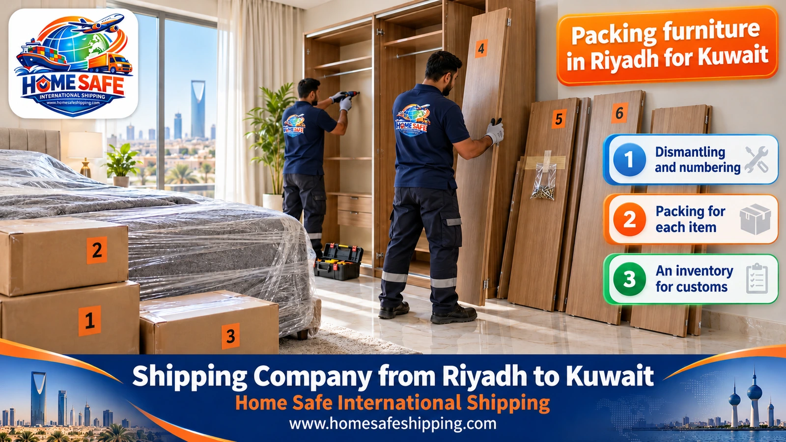 Packing furniture in Riyadh before shipping it to Kuwait