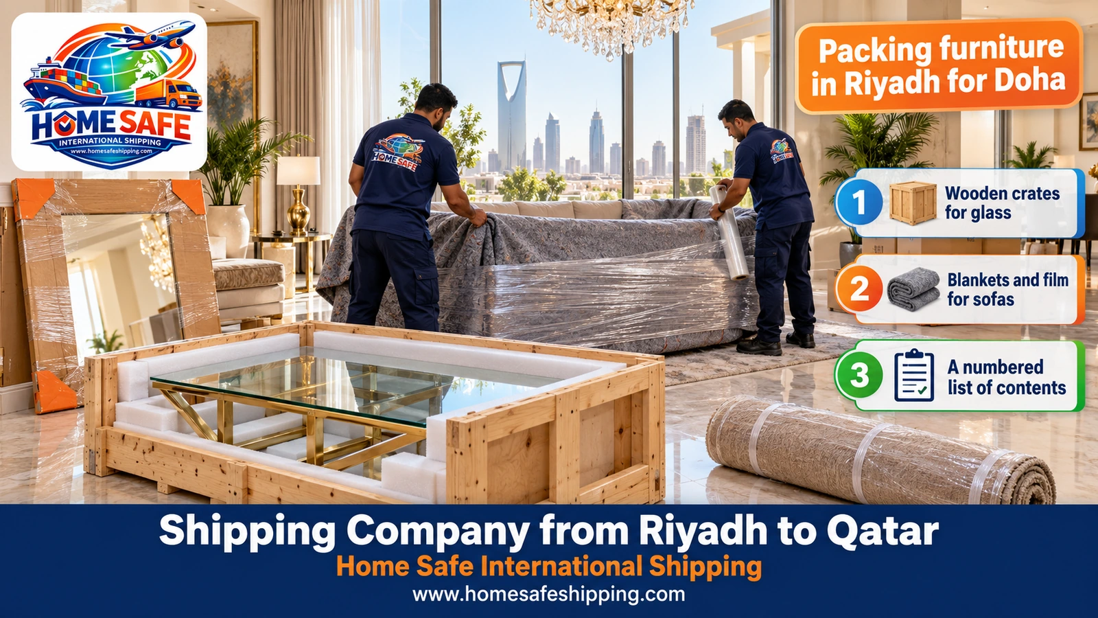 Packing furniture in Riyadh before shipping it to Doha