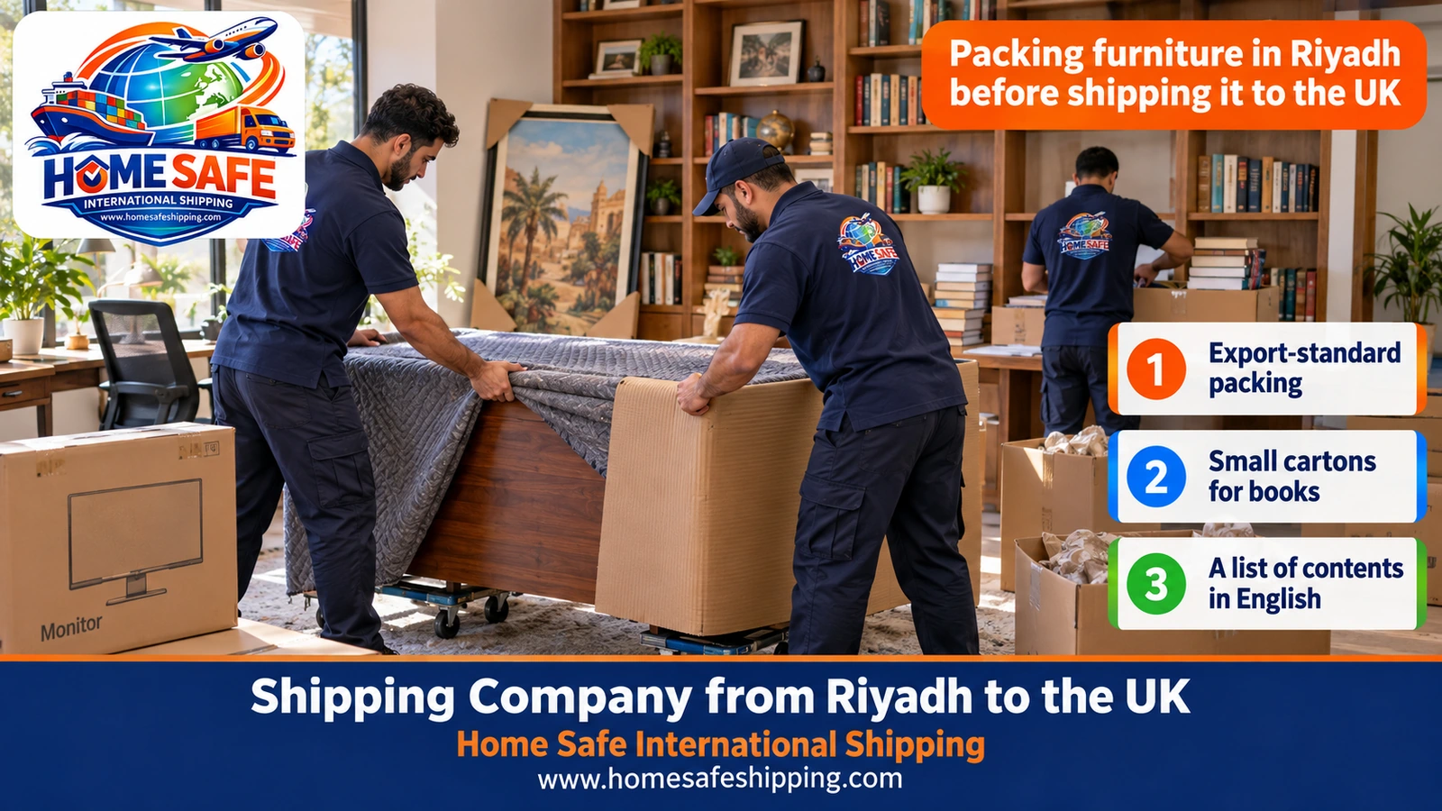 Packing furniture in Riyadh before shipping it to the UK