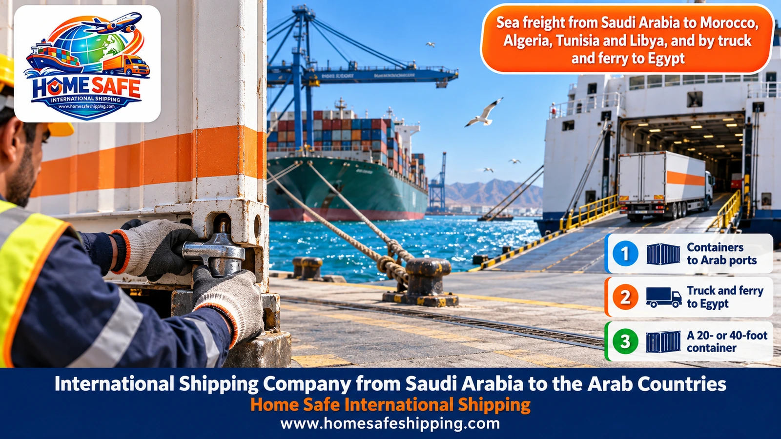 Sea freight from Saudi Arabia to Morocco, Algeria, Tunisia and Libya, and by truck and ferry to Egypt