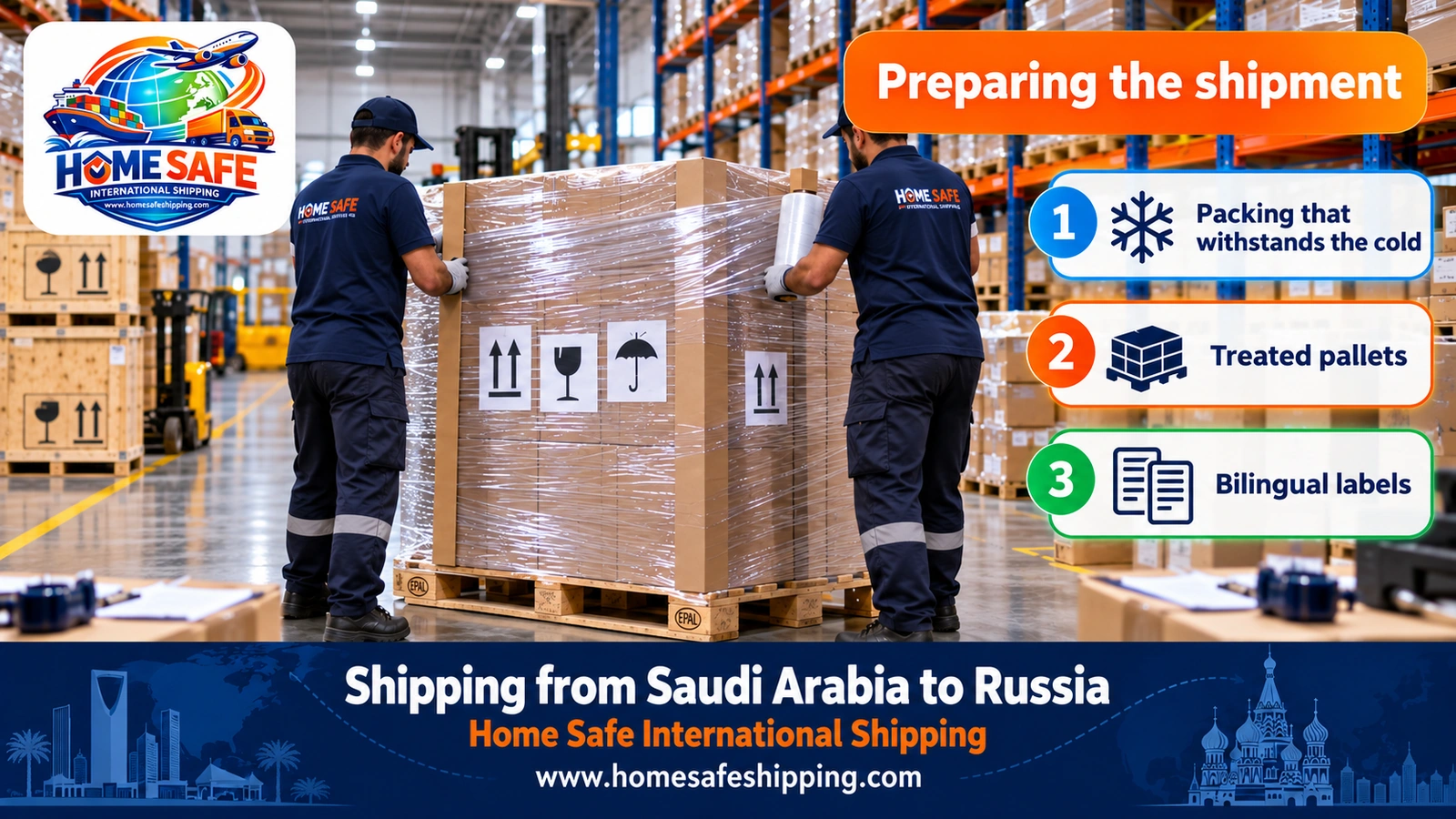 Preparing shipments before sending them from Saudi Arabia to Russia