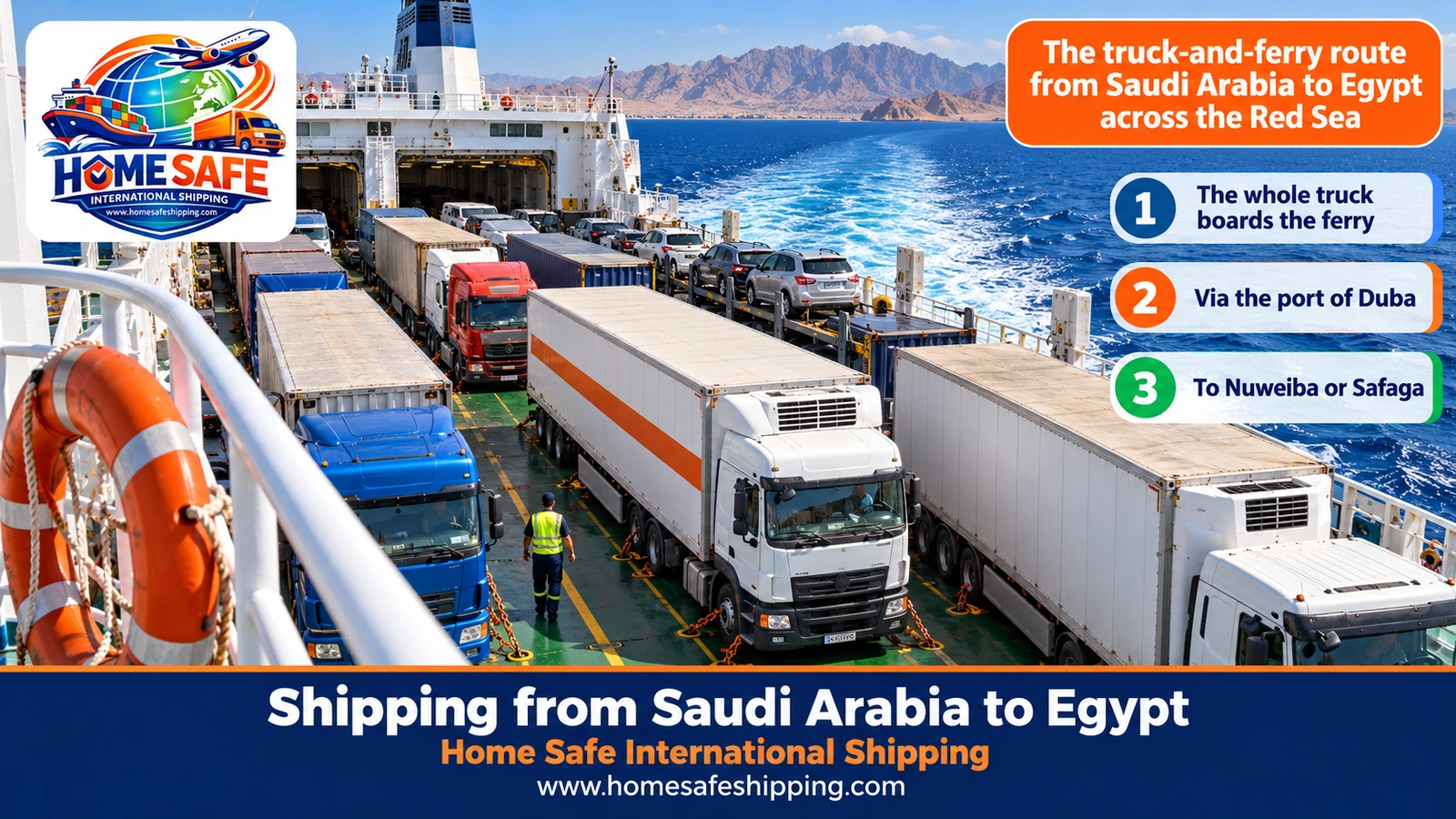 The truck-and-ferry route from Saudi Arabia to Egypt across the Red Sea