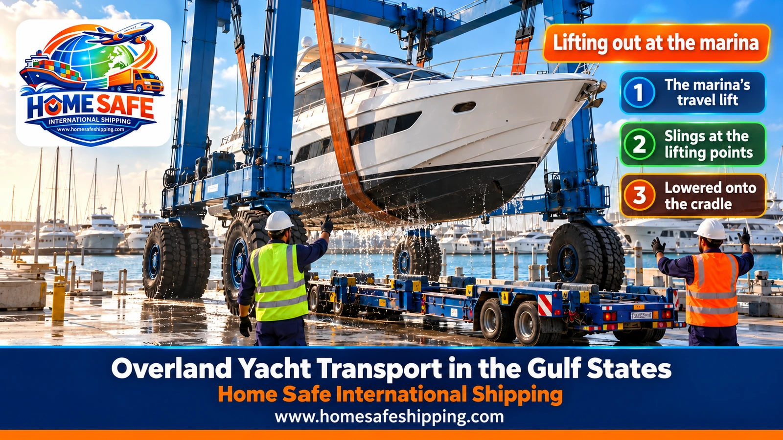 Lifting a yacht out at the marina for overland transport