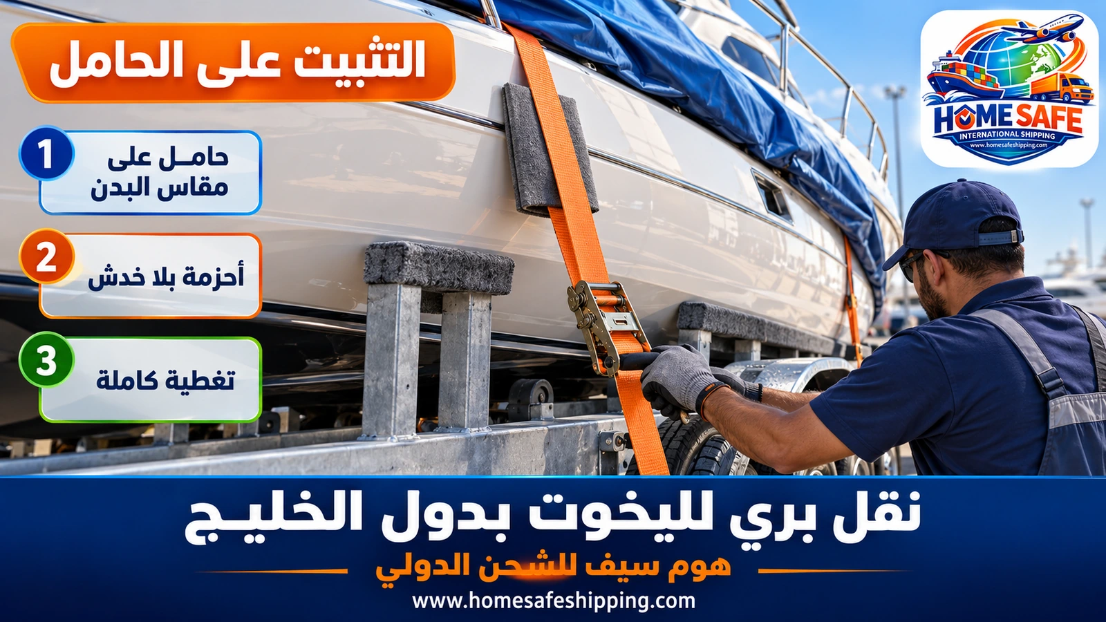 تثبيت اليخت على الحامل قبل النقل البري