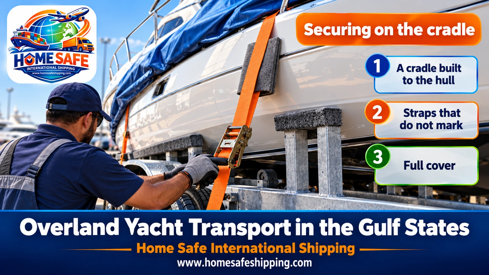Securing a yacht on its cradle before overland transport