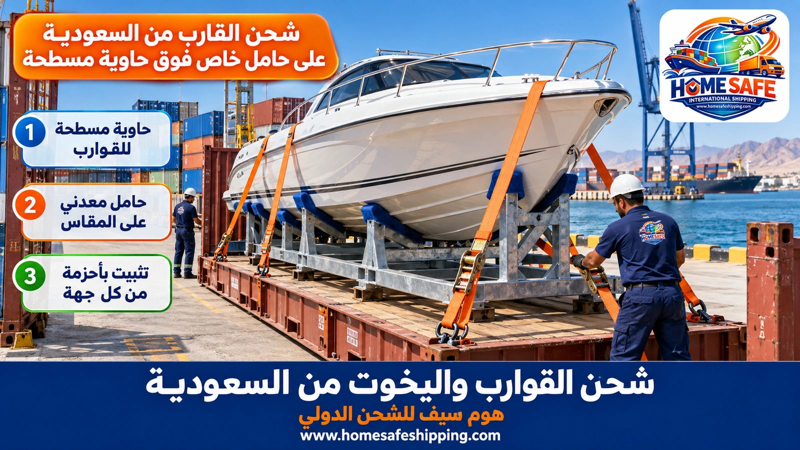 شحن القارب من السعودية على حامل خاص فوق حاوية مسطحة