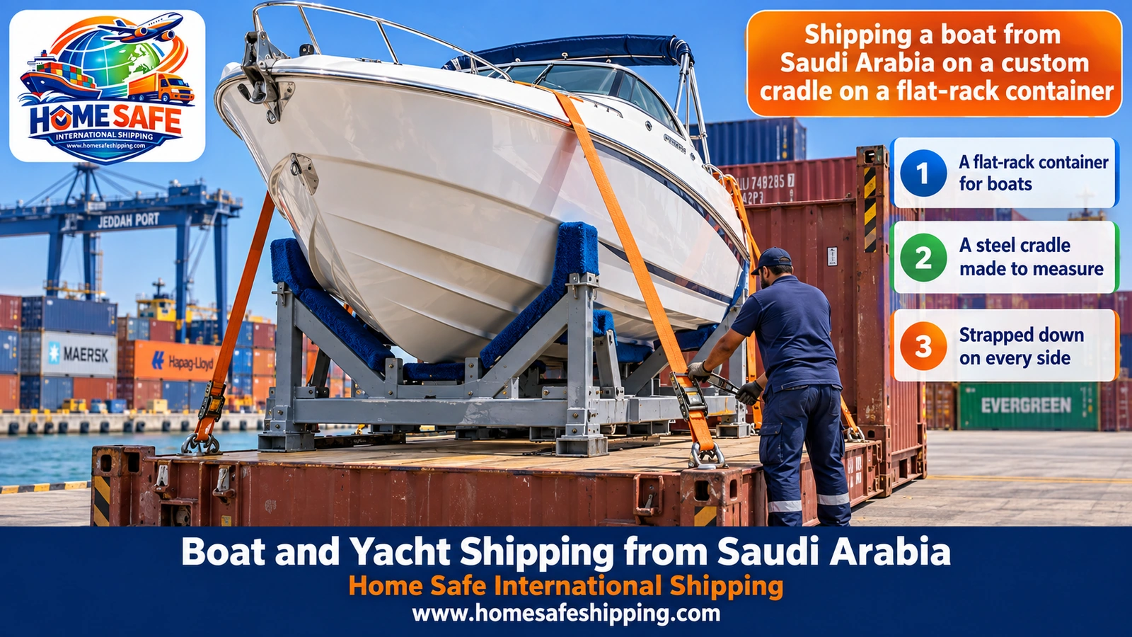 Shipping a boat from Saudi Arabia on a custom cradle on a flat-rack container