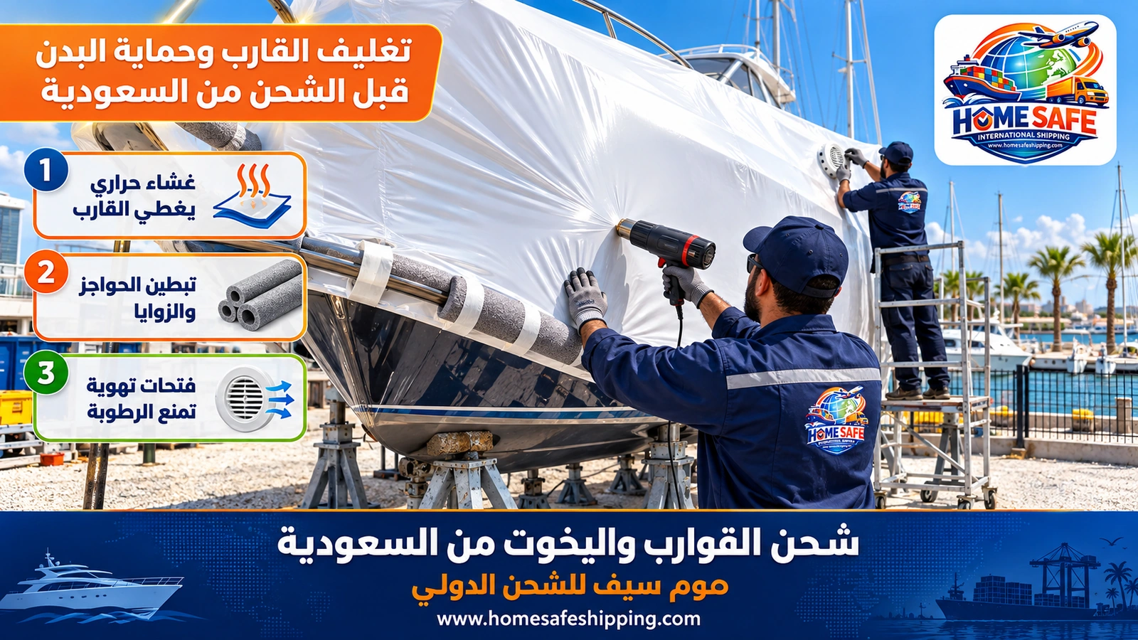 تغليف القارب وحماية البدن قبل الشحن من السعودية