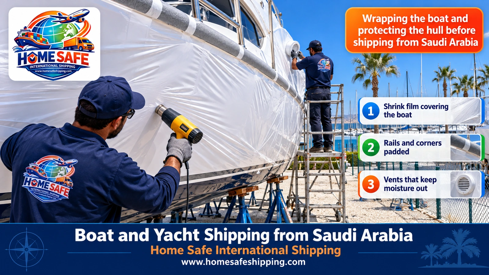 Wrapping the boat and protecting the hull before shipping from Saudi Arabia